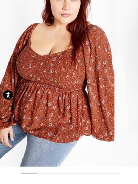 City Chic -XLRust Floral Smocked Peplum Blouse size 22 per size chart